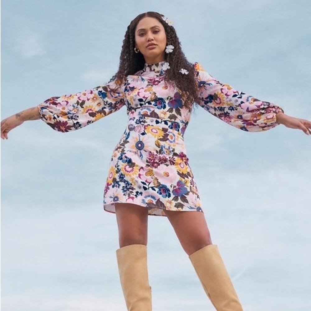 Floral Shift Long Puff Sleeve Mini Dress - JustFab - Small
